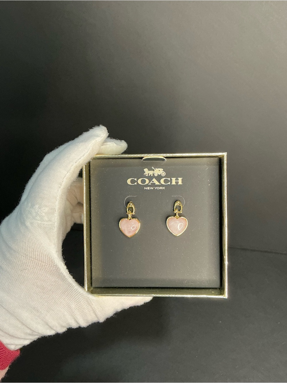 Coach Pink Rose Quartz Heart Gold Drop Earrings - Picture 5 of 7